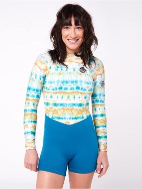 Long Sleeve Tie-Dye Aqua & Gold Kids One-Piece wet suit shorty